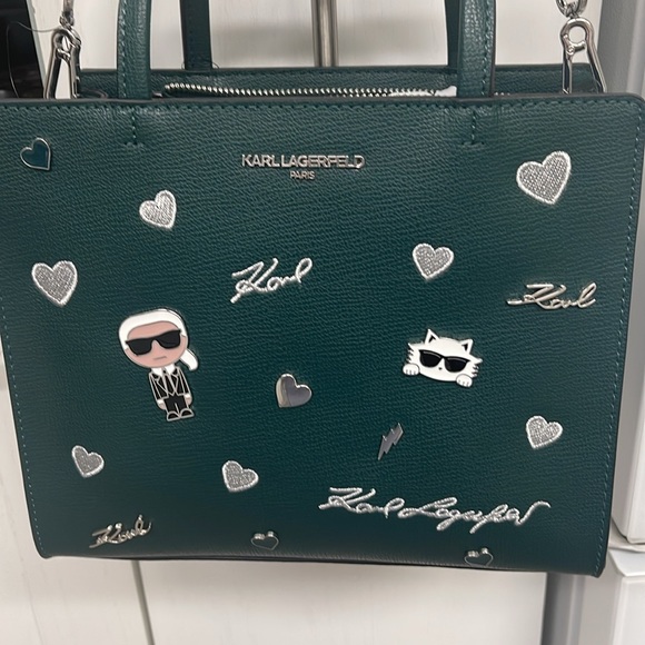 KARL LAGERFELD PARIS Maybelle Hunter Green Satchel NWT with airpods case - Picture 5 of 8
